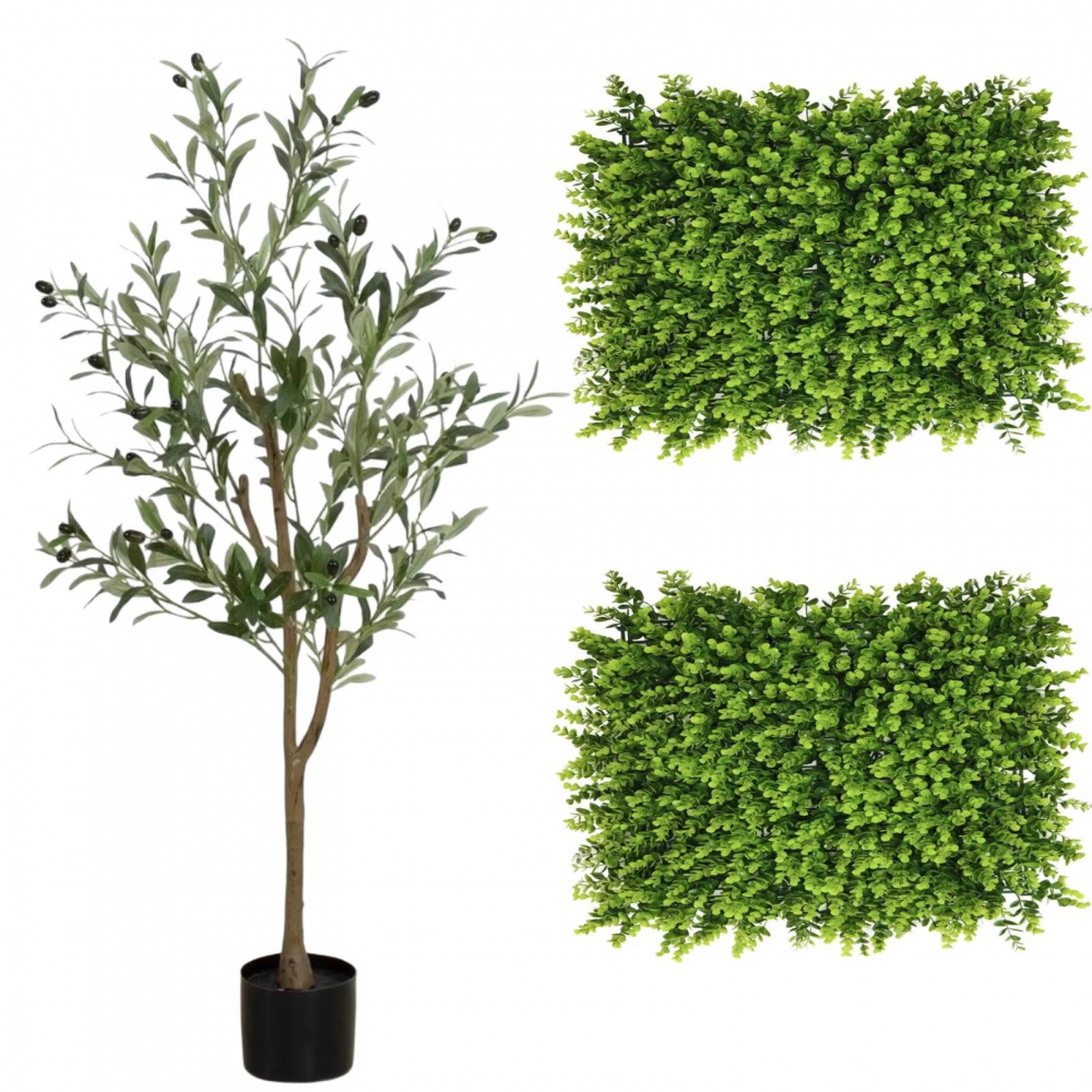 Măslin artificial în ghiveci 150cm + 2x Perete verde artificial 60x40 cm, decor natural pentru interior si exterior [1]