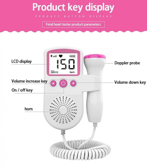 Monitor fetal Doppler pentru gravide, Detectare puls, USB, Alb/Roz [2]