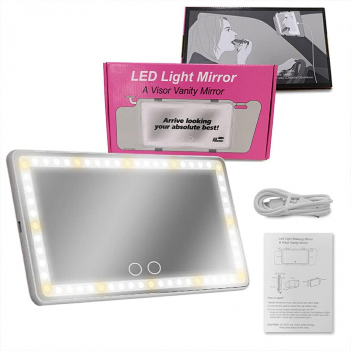 Oglinda Cosmetica pentru Masina cu LED, 3 Tipuri de Lumina, Buton TouchScreen Neutra, Alb Rece, Alb Cald, Incarcare USB, Prindere de Parasolar [1]