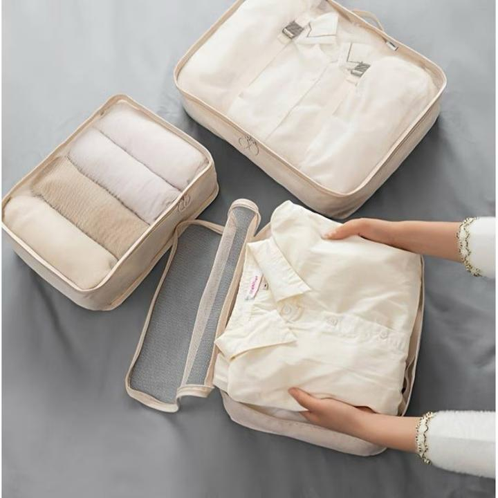 Organizatoare pentru valiza, set 8 huse durabile, impermeabile, cu finisaje calitative, poliester, bej, travel bag [4]