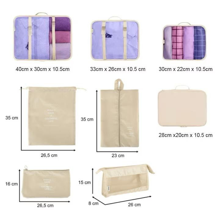 Organizatoare pentru valiza, set 8 huse durabile, impermeabile, cu finisaje calitative, poliester, bej, travel bag [5]
