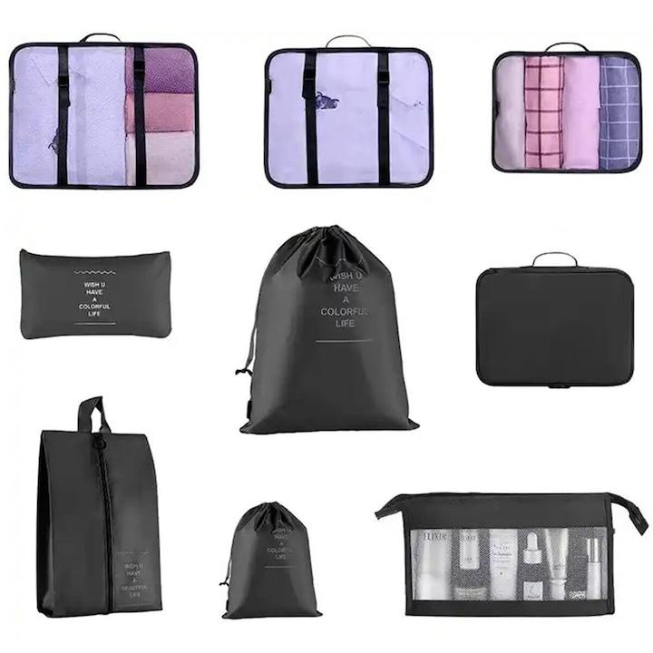 Organizatoare pentru valiza, set 8 huse durabile, impermeabile, cu finisaje calitative, poliester, negru, travel bag [2]
