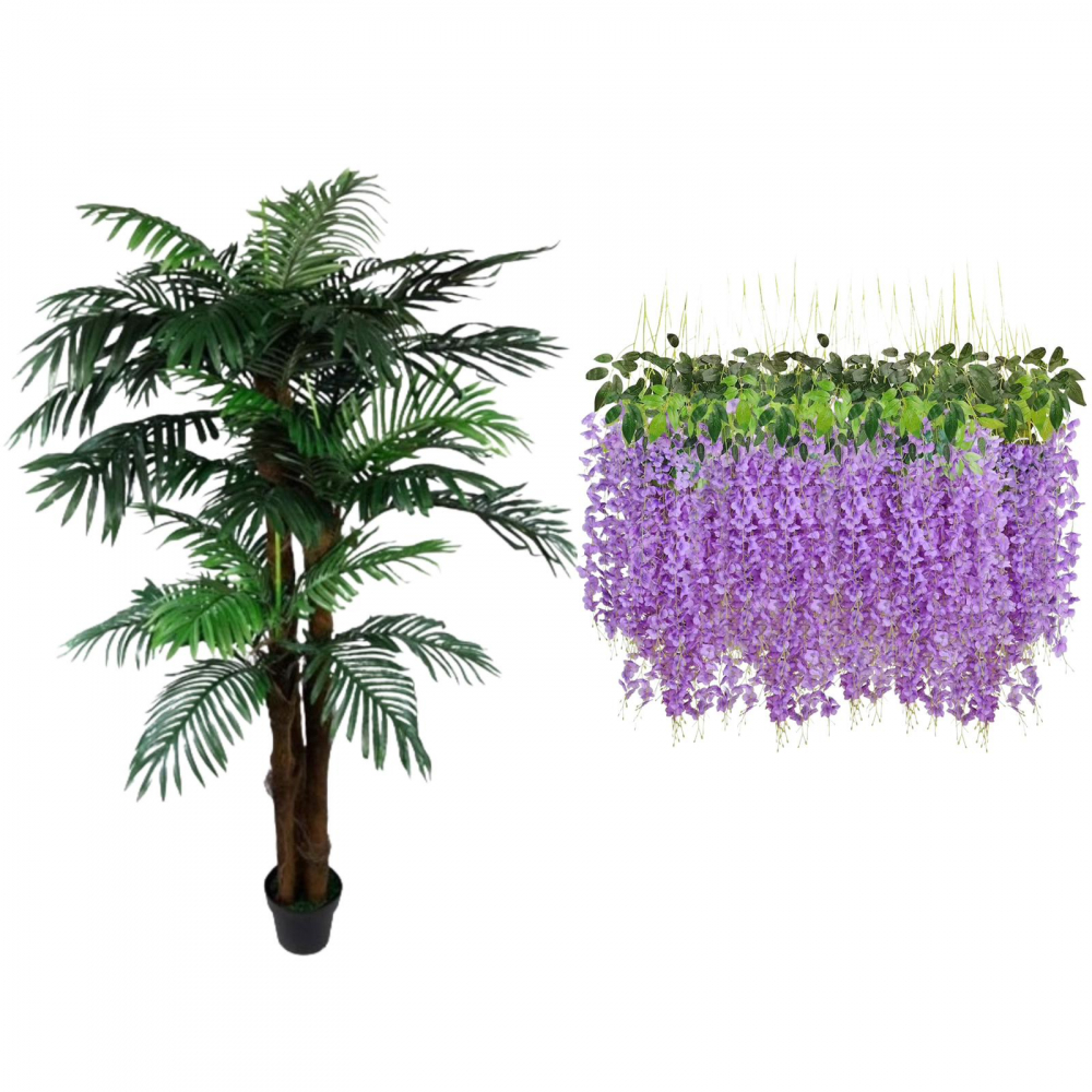Planta artificiala palmier 180 cm + Set 12 bucati planta artificiala curgatoare culoare mov [1]