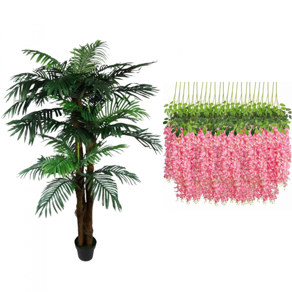 Planta artificiala palmier 180 cm + Set 12 bucati planta artificiala curgatoare culoare roz [1]