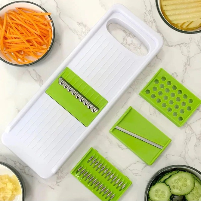 Razatoare multifunctionala manuala pentru fructe si legume, cu 4 accesorii, lame din inox, alb cu verde [2]