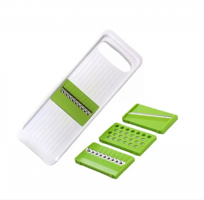 Razatoare multifunctionala manuala pentru fructe si legume, cu 4 accesorii, lame din inox, alb cu verde [1]
