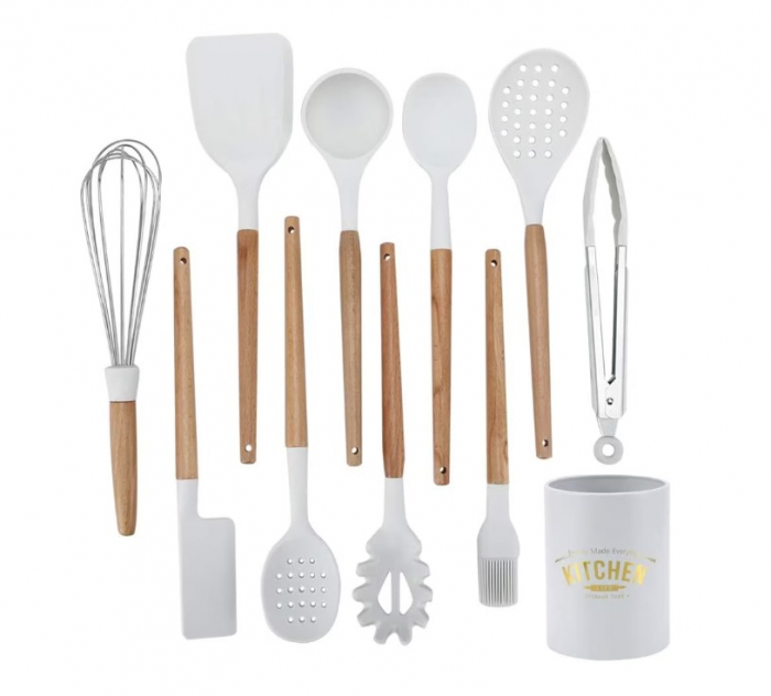Set 10 Ustensile pentru Bucatarie + Bol Depozitare Premium, din Silicon Antiaderent, 11 Piese, Compatibil cu Masina de Sapalat Vase, Albe [3]