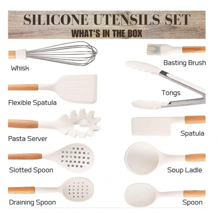 Set 10 Ustensile pentru Bucatarie + Bol Depozitare Premium, din Silicon Antiaderent, 11 Piese, Compatibil cu Masina de Sapalat Vase, Albe [4]