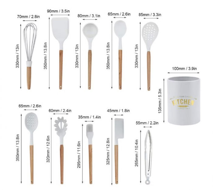 Set 10 Ustensile pentru Bucatarie + Bol Depozitare Premium, din Silicon Antiaderent, 11 Piese, Compatibil cu Masina de Sapalat Vase, Albe [2]