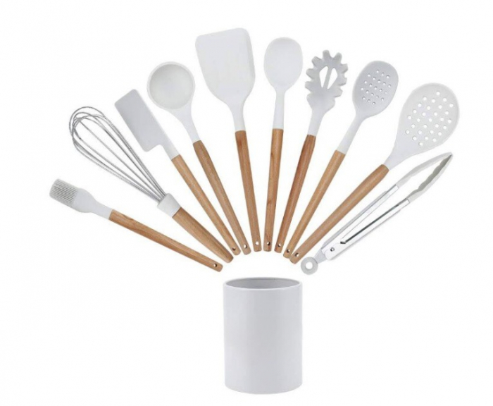Set 10 Ustensile pentru Bucatarie + Bol Depozitare Premium, din Silicon Antiaderent, 11 Piese, Compatibil cu Masina de Sapalat Vase, Albe [1]