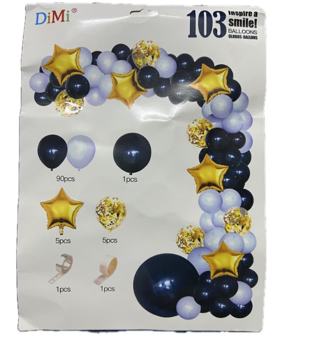 Set 103 Baloane si accesorii RoveRim tip Arcada cu Stele, 5 Tipuri de Dimensiuni Diferite, Albastru Inchis, Albastru deschis, Auriu [1]