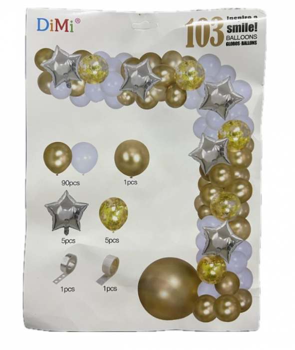 Set 103 Baloane si accesorii RoveRim tip Arcada cu Stele, 5 Tipuri de Dimensiuni Diferite, Auriu si Albastru Deschis [1]