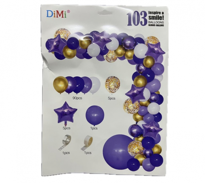 Set 103 Baloane si accesorii RoveRim tip Arcada cu Stele, 5 Tipuri de Dimensiuni Diferite, Mov Inchis, Mov Deschis, Auriu [1]