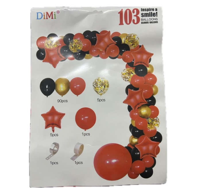 Set 103 Baloane si accesorii RoveRim tip Arcada cu Stele, 5 Tipuri de Dimensiuni Diferite, Rosu, Negru, Auriu [1]