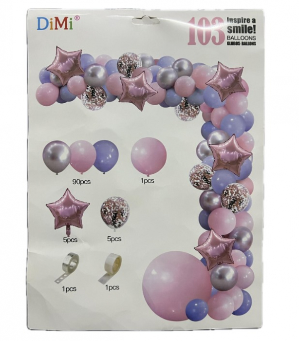 Set 103 Baloane si accesorii RoveRim tip Arcada cu Stele, 5 Tipuri de Dimensiuni Diferite, Roz si Mov [1]