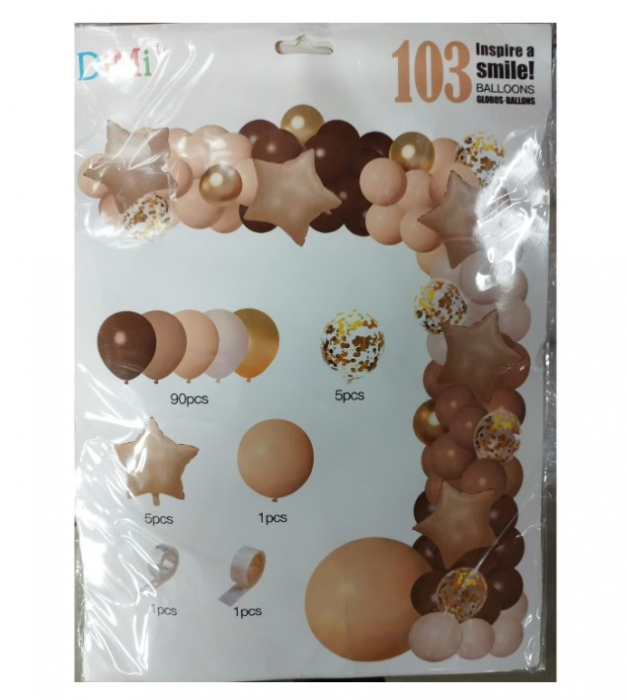 Set 103 Baloane si accesorii tip Arcada cu Stele, 5 Tipuri de Dimensiuni Diferite, Portocaliu, Maro Bej [1]