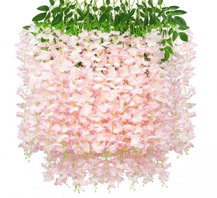 Set 12 Bucati Planta Artificiala Curgatoare Glicina Wisteria ，pentru nunta, petrecere, decor de fundal de perete roz, Lungime 1.1 m [1]
