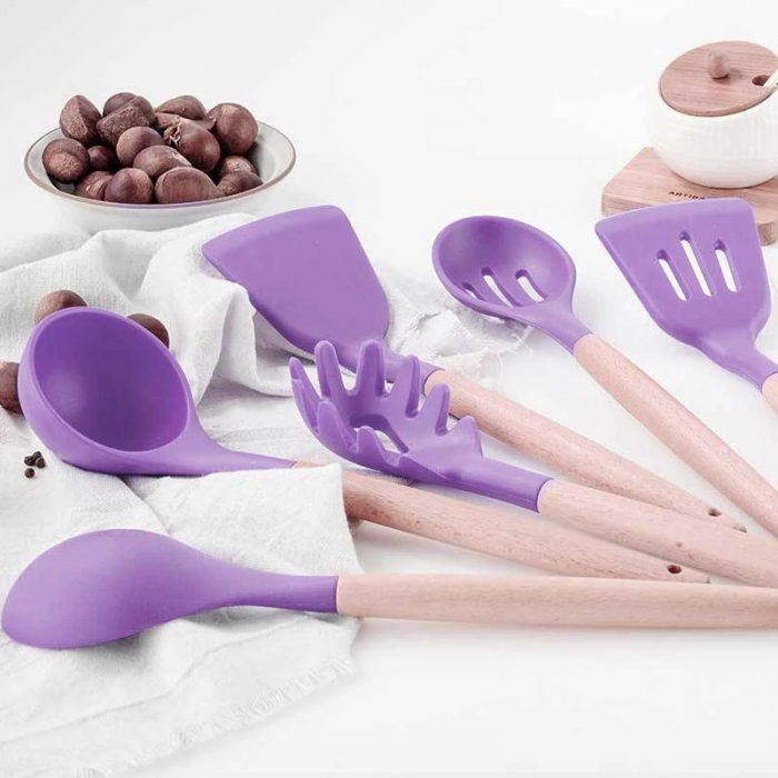 Set 12 Ustensile pentru Bucatarie, Piese Lemn si Silicon Alimentar, Termorezistente, Antiaderente, Suport Blat, Mov + CADOU Aparat pentru Prepararea Suculu Fresh, Storcator de Citrice [6]