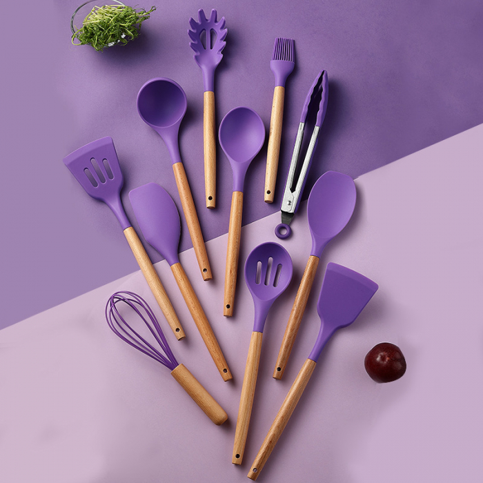 Set 12 Ustensile pentru Bucatarie, Piese Lemn si Silicon Alimentar, Termorezistente, Antiaderente, Suport Blat, Mov + CADOU Aparat pentru Prepararea Suculu Fresh, Storcator de Citrice [4]
