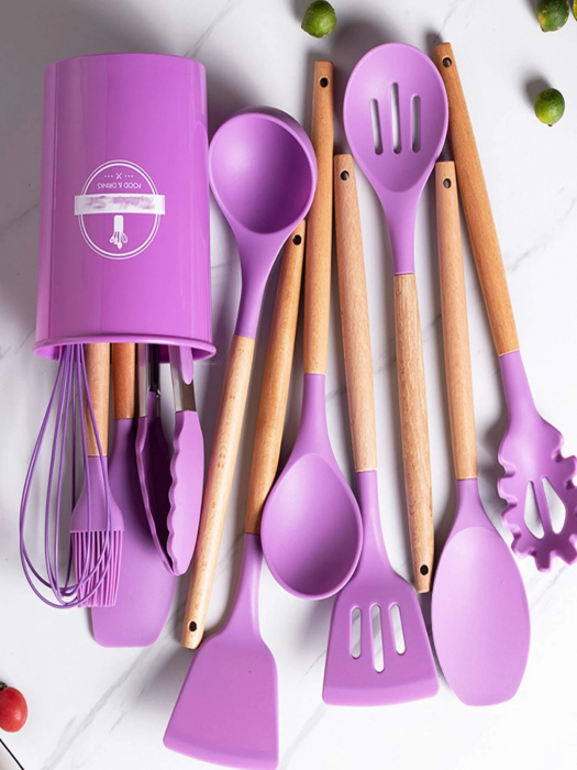 Set 12 Ustensile pentru Bucatarie, Piese Lemn si Silicon Alimentar, Termorezistente, Antiaderente, Suport Blat, Mov + CADOU Aparat pentru Prepararea Suculu Fresh, Storcator de Citrice [3]