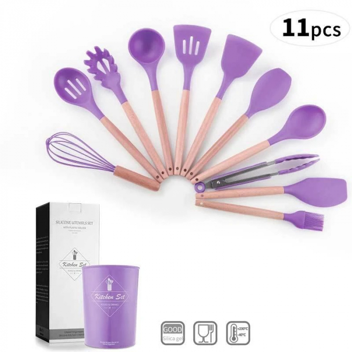 Set 12 Ustensile pentru Bucatarie, Piese Lemn si Silicon Alimentar, Termorezistente, Antiaderente, Suport Blat, Mov + CADOU Aparat pentru Prepararea Suculu Fresh, Storcator de Citrice [2]