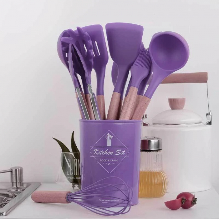Set 12 Ustensile pentru Bucatarie, Piese Lemn si Silicon Alimentar, Termorezistente, Antiaderente, Suport Blat, Mov + CADOU Aparat pentru Prepararea Suculu Fresh, Storcator de Citrice [5]
