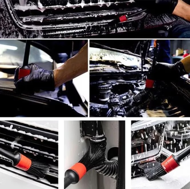 Set 5 Pensule  pentru curatare interior-exterior auto, dimensiuni diferite, Negru-Rosu [3]