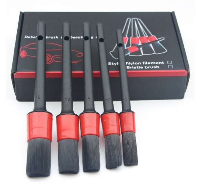 Set 5 Pensule  pentru curatare interior-exterior auto, dimensiuni diferite, Negru-Rosu [1]