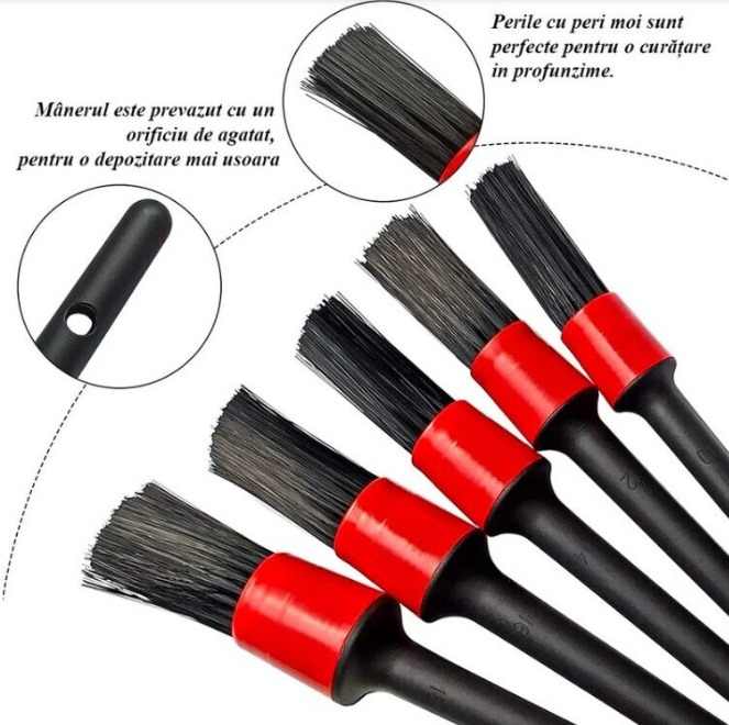 Set 5 Pensule  pentru curatare interior-exterior auto, dimensiuni diferite, Negru-Rosu [4]