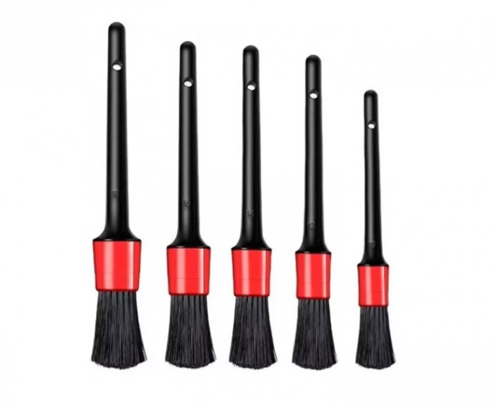 Set 5 Pensule  pentru curatare interior-exterior auto, dimensiuni diferite, Negru-Rosu [2]