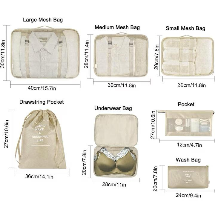 Set 7 organizatoare de bagaje de calatorie, design modern, panza oxford, travel bags, bej [3]