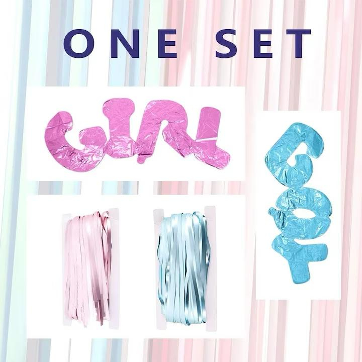 Set decorativ pentru petreceri gender reveal, 2 perdele metalizate albastru/roz, 2 baloane boy & girl [4]
