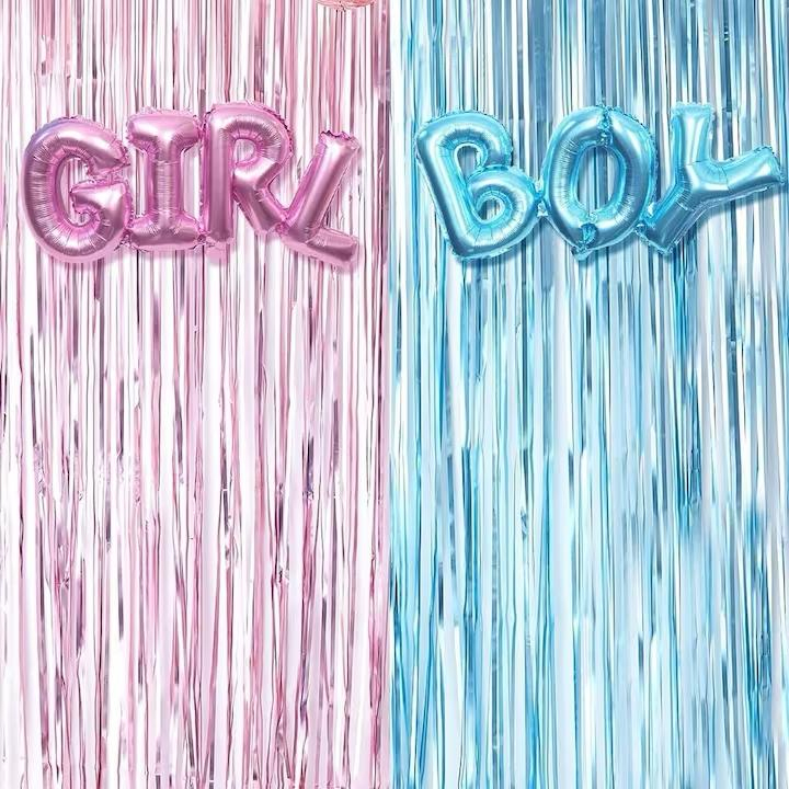 Set decorativ pentru petreceri gender reveal, 2 perdele metalizate albastru/roz, 2 baloane boy & girl [3]
