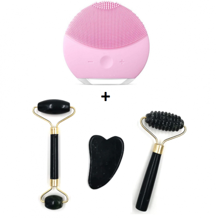 Set Dispozitiv de Curatare Faciala Tip Foreo Luna + 2 Role tip Jad si Piatra in Forma de Inima, Gua Sha [1]