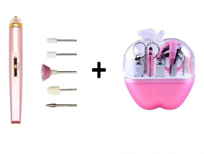Set Freză Semi-Profesională Portabilă pentru Unghii, Manichiură și Pedichiură, 5 Capete, USB, Roz + 8 Instrumente pentru Manichiură [1]