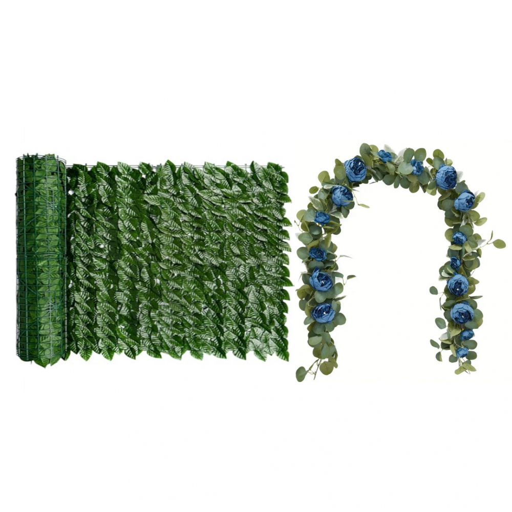 Set Gard Paravan Viu cu Frunze Artificiale, Verde Inchis, 300cm x 100 cm + 1 Ghirlanda cu Trandafiri Albastri Artificiali [1]
