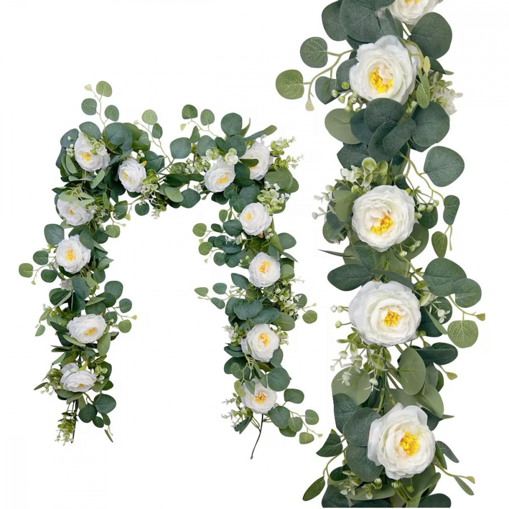Set Gard Paravan Viu cu Frunze Artificiale, Verde Inchis, 300cm x 100 cm + 1 Ghirlanda cu Trandafiri Albi Artificiali [4]