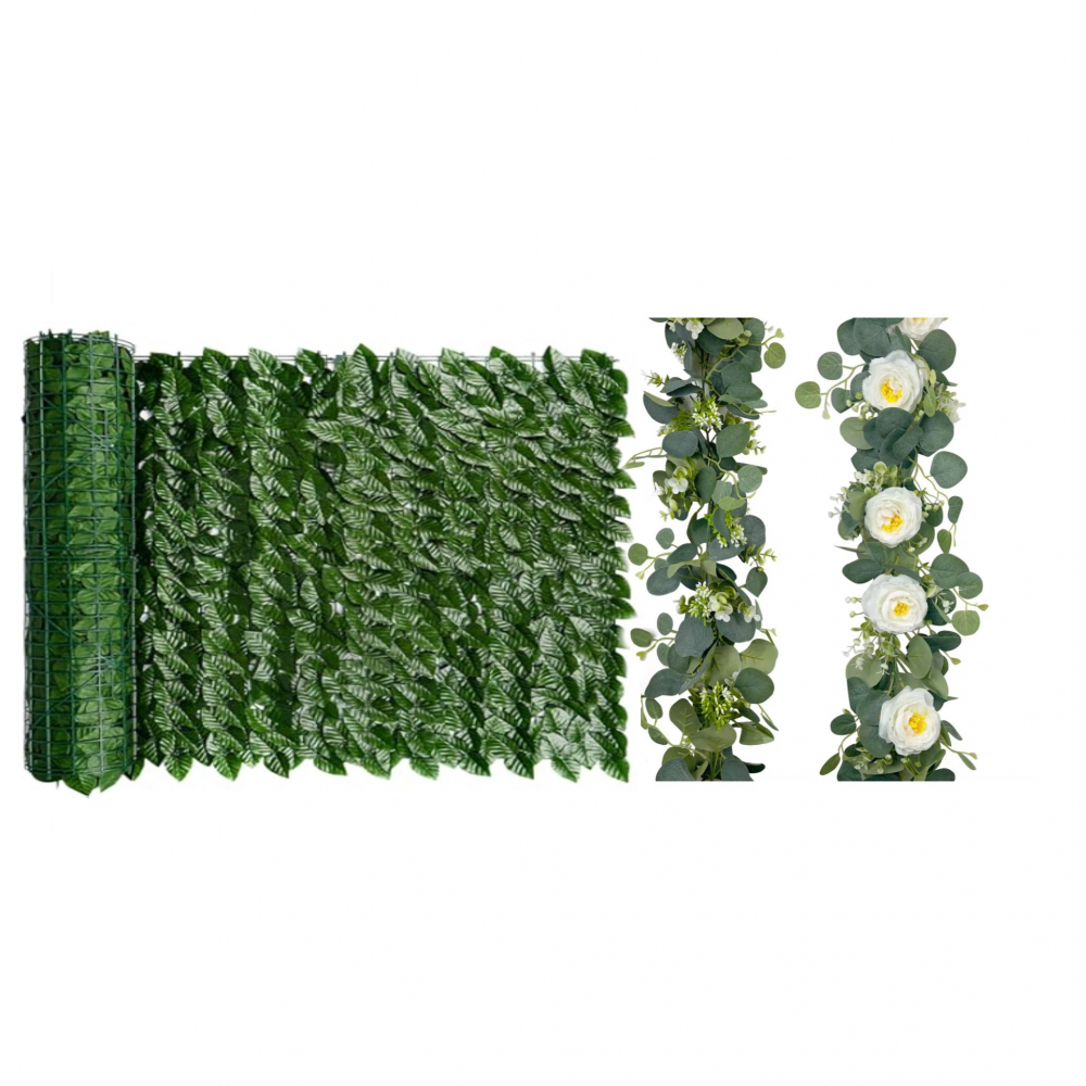 Set Gard Paravan Viu cu Frunze Artificiale, Verde Inchis, 300cm x 100 cm + 1 Ghirlanda cu Trandafiri Albi Artificiali [1]
