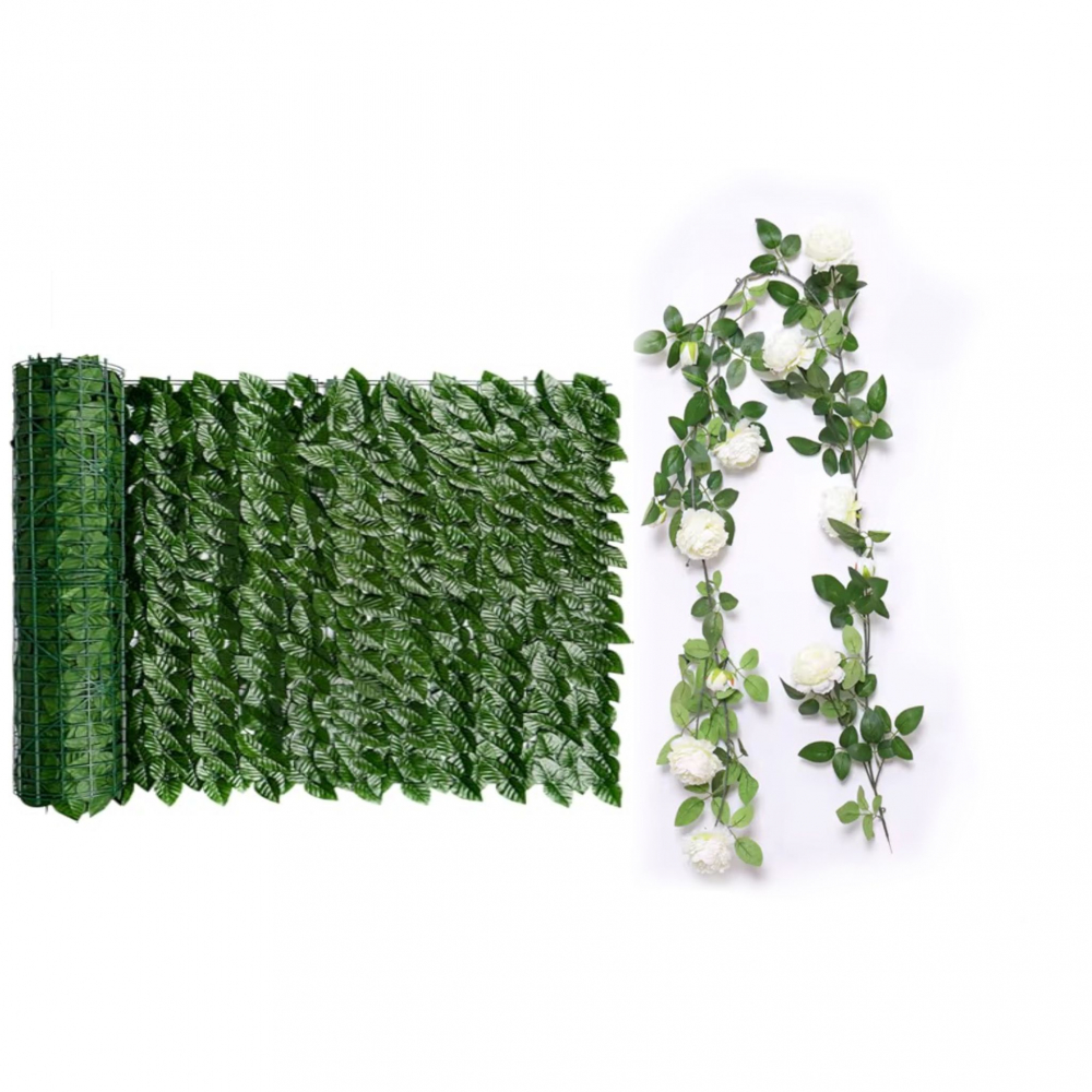 Set Gard Paravan Viu cu Frunze Artificiale, Verde Inchis, 300cm x 100 cm + 1 Ghirlanda cu Trandafiri Albi Artificiali [1]
