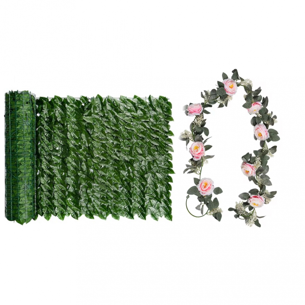 Set Gard Paravan Viu cu Frunze Artificiale, Verde Inchis, 300cm x 100 cm + 1 Ghirlanda cu Trandafiri Roz Artificiali [1]