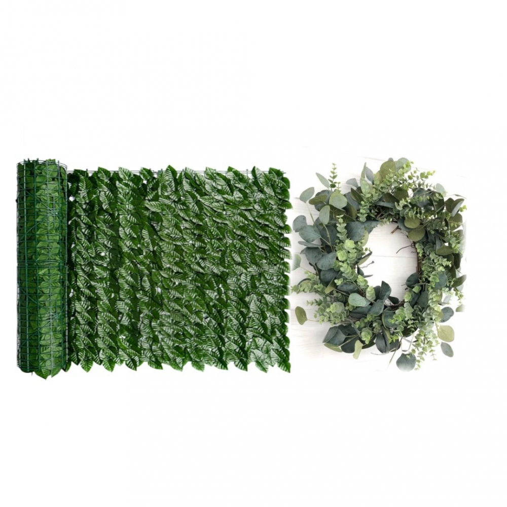 Set Gard Paravan Viu cu Frunze Artificiale, Verde Inchis, 300cm x 100 cm + 1 Ghirlanda de Eucalipt [1]