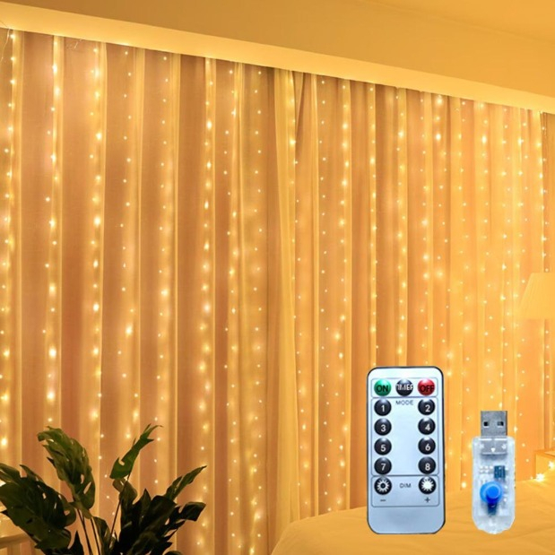 Set Gard Paravan Viu cu Frunze Artificiale, Verde Inchis, 300cm x 100 cm si Instalatie luminoasa tip perdea, 300 LED-uri, 3M x 3M, conectare usb, pentru interior, lumina calda, carlige de prindere [2]