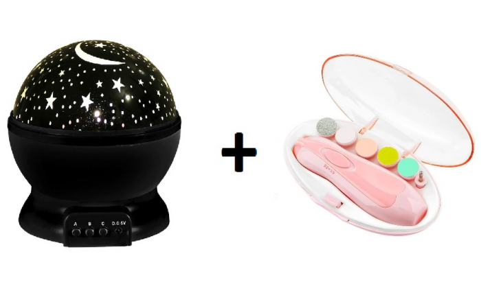 Set Lampa de Veghe cu Proiector Stele și Lună, Rotire 360°, Lumină Multicolor, USB, Negru + Pila Electrică pentru Unghii Bebeluși, Roz [1]
