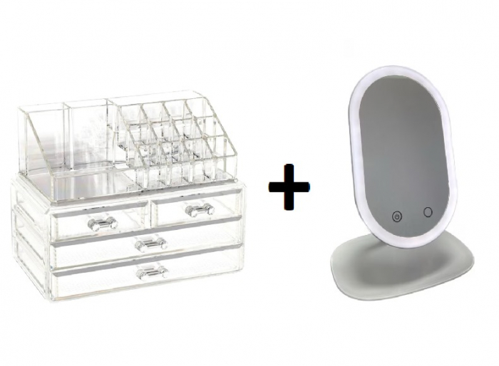 Set Organizator de Cosmetice cu 4 Sertare și Oglindă Cosmetică cu LED [1]