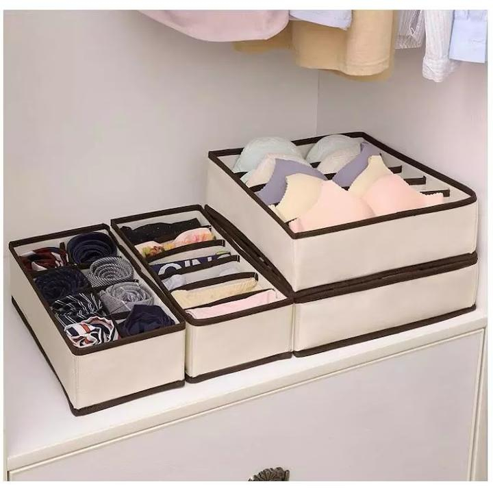 Set Organizator Lenjerie și Șosete – 4 Cutii Depozitare, Placă PP, Culoare Bej, Compartimentare Practică [3]