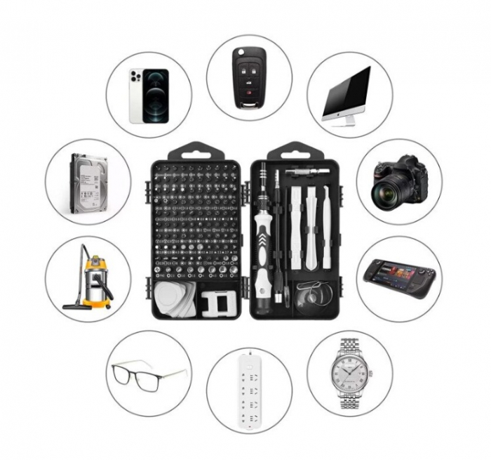 Set surubelnite de precizie pentru reparatii electronice, 115 buc, 16×4.5×9 cm, Argintiu/Negru [2]
