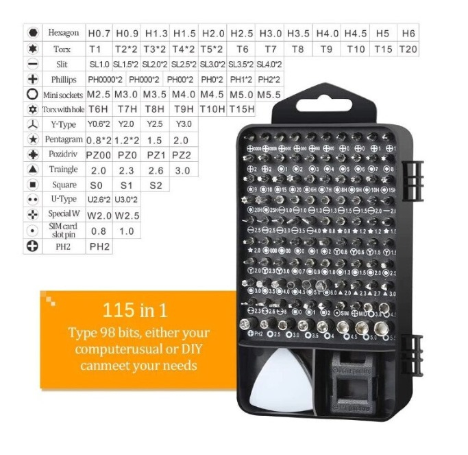 Set surubelnite de precizie pentru reparatii electronice, 115 buc, 16×4.5×9 cm, Argintiu/Negru [4]