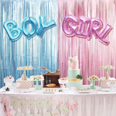 Set 2 bucati de Perdea Decorativa, din Folie Albastru / Roz Metalizat pentru Petreceri Aniversare si Doua Baloane cu Boy si Girl potrivit pentru Gender Reveal, Baby Shower [1]