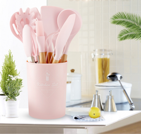 Set 12 Ustensile pentru Bucatarie, Piese Lemn si Silicon Alimentar, Termorezistente, Antiaderente, Suport Blat, Roz + CADOU Aparat pentru Prepararea Suculu Fresh, Storcator de Citrice [4]