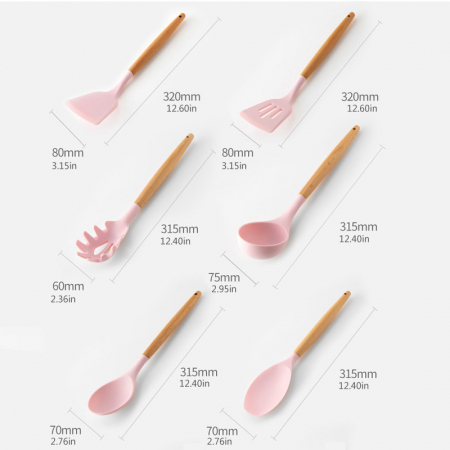 Set 12 Ustensile pentru Bucatarie, Piese Lemn si Silicon Alimentar, Termorezistente, Antiaderente, Suport Blat, Roz + CADOU Aparat pentru Prepararea Suculu Fresh, Storcator de Citrice [7]